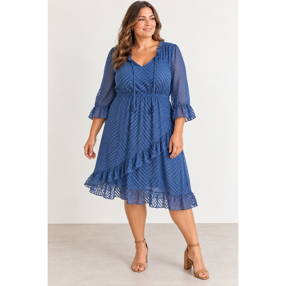 Junarose Chevron Clip Dot Ruffle Tiered Dress Navy Blue Plus Size 22